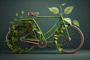 Bicycle covered with green leaf tendril, eco and environment concept, sustainable transport and travel photo