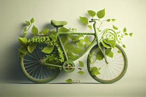 Bicycle covered with green leaf tendril, eco and environment concept, sustainable transport and travel photo