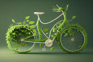 Bicycle covered with green leaf tendril, eco and environment concept, sustainable transport and travel photo