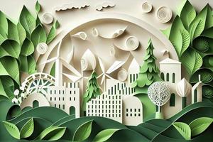 Paper art style , Paper cut of eco city design Green energy concept and environment conservation photo