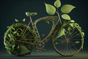 Bicycle covered with green leaf tendril, eco and environment concept, sustainable transport and travel photo