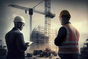 Discussion of work by a civil engineer with an architect at a construction site against the backdrop of a tower crane and a high rise building under construction photo