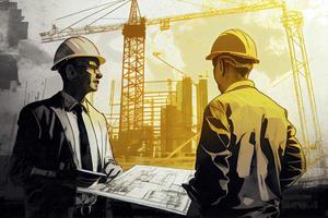 Discussion of work by a civil engineer with an architect at a construction site against the backdrop of a tower crane and a high rise building under construction photo
