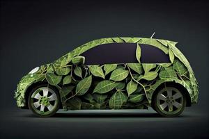 Green electric car made from leaves, sustainable and renewable ressources, eco power photo