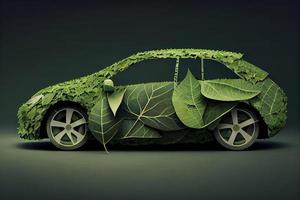 verde eléctrico coche hecho desde hojas, sostenible y renovable recursos, eco poder foto