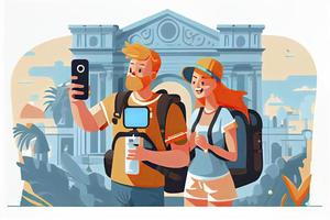 un turista Pareja tomando selfie fotos juntos en teléfono. hombre y mujer yendo Turismo en verano fiesta