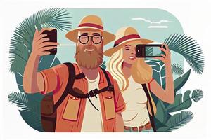 A tourist couple taking selfie photos together on phone. Man and woman going sightseeing on summer holiday