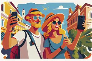 A tourist couple taking selfie photos together on phone. Man and woman going sightseeing on summer holiday