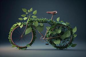 Bicycle covered with green leaf tendril, eco and environment concept, sustainable transport and travel photo