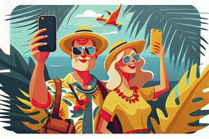 A tourist couple taking selfie photos together on phone. Man and woman going sightseeing on summer holiday