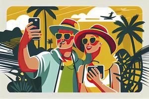 A tourist couple taking selfie photos together on phone. Man and woman going sightseeing on summer holiday