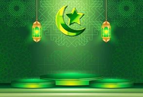 Islamic holiday celebration banner designed with crescent moon and illustration of mosque. vector