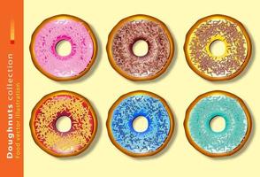 Set of cartoon colorful donuts isolated on color background. Top View Doughnuts collection vector