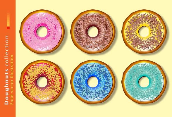Set of cartoon colorful donuts isolated on color background. Top View Doughnuts collection