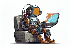 The robot astronaut man sits with laptop. Search on the Internet. Internet surfing photo