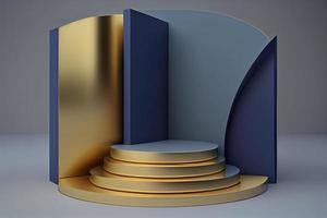 3d render of blue and gold podium. Background with geometric composition photo