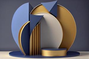 3d render of blue and gold podium. Background with geometric composition photo