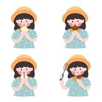 Vector illustration of a girl wearing a hat. Holding candy. Drinking water. Isolated color background.
