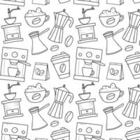 Seamless pattern with coffee, machine, grains, cup. Vector illustration. Doodle style. Linear print with coffee elements.