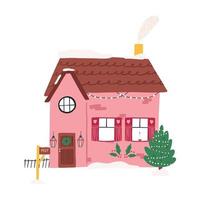 Cute winter house with Christmas decoration, cartoon flat vector illustration isolated on white background. Hand drawn cozy house with decorated tree, garlands and wreath on door.