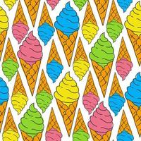 A pattern with lots of bright ice cream. Vector illustration design background. Ice cream in a doodle-style cone with colored spots on the background. Background for printing on textiles and paper