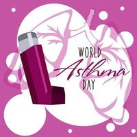 The concept of informing about the World Asthma Day with the help of an aerosol inhaler. An aerosol in your hands for help. Day of Solidarity with Diseases. Vector illustration Banner print pink light