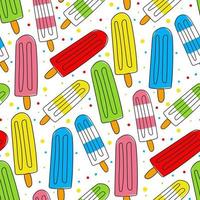 Ice cream pattern on a stick with doodle style and color on a white background. Background illustration with doodles and bright spots. Fruit ice for printing greeting cards and textiles, packaging vector