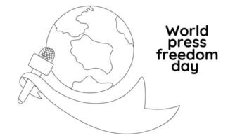 Banner for the World Press Freedom Day - May 3. Contoured black-and-white drawing of a microphone with a developing ribbon on the ground background. Linear illustration. A simple banner to print vector