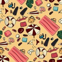 A pattern from a set of things on the beach with a sketch of Thiele with color. Simple details in contour style. Quick sketches of things, objects, clothes. Background of beach accessories in doodles vector