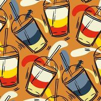 Seamless pattern with puff smoothies. A hand-drawn glass with drinks. Cute bright vector illustration. Colorful background with fruit juice stains in layers. A mix of drinks. Printing on textiles