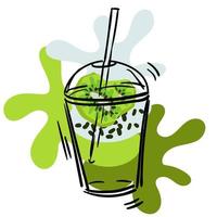 A cup with a puff smoothie made of kiwi and fruit with a straw for drinks on a white background. A cup with a background of spots in the color of fruit. Illustration for printing on the cafe menu vector