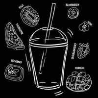 Outline of a cup with a straw for drinks on a black background. White outline of fruit. A hand-drawn empty glass next to fruits and berries. Monochrome graphics. Illustration for printing on the menu vector