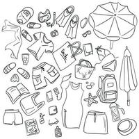 A set of things on the beach with a sketch of Thiele. Simple details in contour style. Quick sketches of things, objects, clothes. A set of beach accessories in the style of a doodle. vector