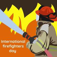 bandera, póster o modelo para el internacional día de bomberos con un ilustración de un bombero extinguir un fuego. vector ilustración para mayo 4. un bombero con un manguera en llamas