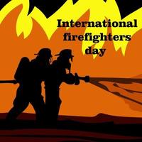 Banner, poster or template for the International Day of Firefighters with silhouettes of two firefighters extinguishing a fire. Vector illustration for May 4. Firefighters on the background of flames