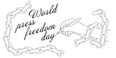 Banner for the World Press Freedom Day -May 3. A contour drawing of a hand covered with a chain with a fountain pen writes an inscription. Black and white illustration. A simple banner to print vector