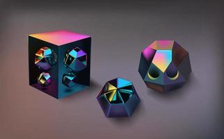 Hologram geometric shapes set. Iridescent modern 3d multicolor object.Futuristic neon gradient figures can be used for a variety of purposes,entertainment, education, and scientific visualization. vector