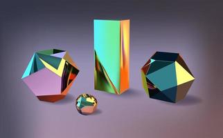 Hologram geometric shapes set. Iridescent modern 3d multicolor object.Futuristic neon gradient figures can be used for a variety of purposes,entertainment, education, and scientific visualization. vector