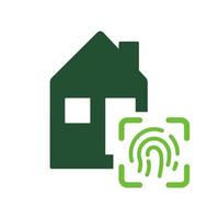 bienes raíces con tecnología de identificación biométrica por icono de silueta de huellas dactilares. hogar inteligente con pictograma de glifo de huella digital. símbolo del edificio de la casa de seguridad. ilustración vectorial aislada. vector