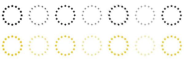 Stars in Circle Shape Silhouette Icon Set. Modern Round Award Frame with Gold and Black Stars Pictogram. Circular Decor Ornament Icon on White Background. Isolated Vector Illustration.