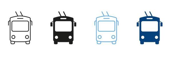 Trolley Bus Line And Silhouette Color Icon Set. Trolley Bus in Front View Pictogram. Urban Electric Public Transportation Outline And Solid Symbols Collection. Isolated Vector Illustration.