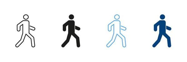 Pedestrian Walking On Street. Person Run Line And Silhouette Color Icon Set. Man Walking Pictogram. Man On The Road Outline And Solid Sign Collection on White Background. Isolated Vector Illustration.