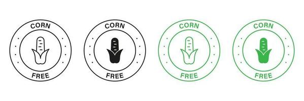 Corn Free Green and Black Circle Stamp Set. Free Fructose and Corn Icon. No Maize Allergy Ingredient Label. No Contain Maize Symbol. Not Corn Starch Allergen Logo. Isolated Vector Illustration.
