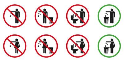 Please No Flush Litter in Toilet Sign Set. Allowed Throw Napkins, Paper, Pads, Towel Only in Waste Basket Silhouette Icon. Throw Litter in Toilet Prohibited Pictogram. Isolated Vector Illustration.