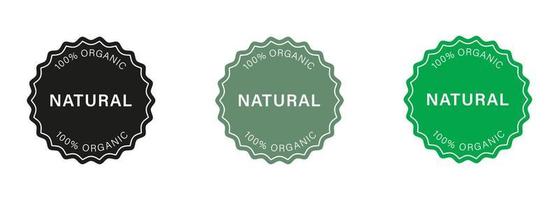 Natural Organic Product Silhouette Stamp Set. Eco Friendly Healthy Food Label. Pure Symbol. Quality Fresh Natural Ingredients Sticker. 100 Percent Nature Certified Logo. Isolated Vector Illustration.