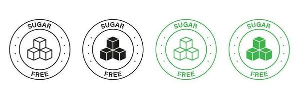 Sugar Free Green and Black Stamp Set. Zero Glucose Guarantee Icons. Food with No Added Sugar Label. Diabetic Product, Free Sugar Symbol. 100 Percent No Sweet Logo. Isolated Vector Illustration.