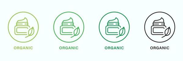 Organic Product Line Green and Black Icon Set. Cosmetic Cream Made of Natural Ingredients Outline Pictogram. Bio Eco Product. Good Quality Symbol. Organic Product Seal. Isolated Vector Illustration.