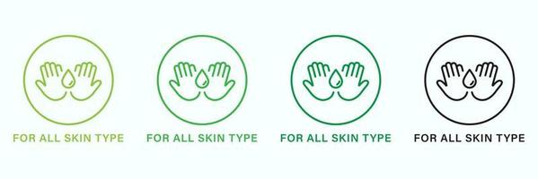 For All Skin Body Types Line Green and Black Icon Set. Cosmetic Beauty Product Outline Pictogram. Natural Cosmetic For All Skin Types Icon. Dermatology Skincare Symbol. Isolated Vector Illustration.