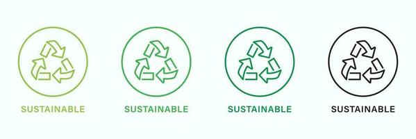 Sustainable Line Green and Black Icon Set. Sustainability Nature Pictogram. Eco Recycle Icon. Sustainable Arrow Symbol. Biodegradable Food Product Seal. Zero Waste Sign. Isolated Vector Illustration.