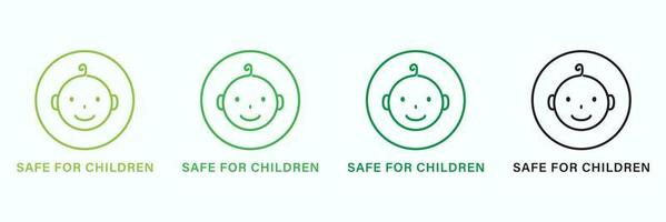 Safe for Children Line Green and Black Icon Set. Safety Product for Child Pictogram. Kid Friendly Zone. Non Toxic Material for Kid. Baby Food Sign in Restaurant Menu. Isolated Vector Illustration.